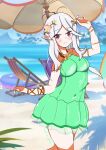  1girl absurdres aged_up antenna_hair bangs blush breasts crackgear cygames flower hair_flower hair_ornament highres jewelry kokkoro_(princess_connect!) long_hair looking_at_viewer pointy_ears princess_connect! sketch skirt smile solo swimsuit 