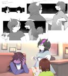  1other 2girls :< animal_ear_piercing animal_ears annoyed black_hair booth_seating brown_hair cat_ears catti_(deltarune) colored_skin commentary_request dated deltarune frown furry furry_female glaring hand_on_own_head highres holding holding_menu indoors jacket jitome jockington_(deltarune) komamama kris_(deltarune) menu multicolored_hair multiple_girls open_mouth pink_skin purple_jacket restaurant sharp_teeth short_hair signature streaked_hair susie_(deltarune) teeth tongue tongue_out utdr_(toby_fox) waitress 