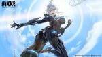  1girl absurdres aqua_eyes ark_ranger_black_(nikke) belt blue_sky bodysuit breasts breasts_apart copyright_logo covered_groin covered_navel elbow_gloves fang flying_kick foreshortening gloves goddess_of_victory:_nikke grey_hair highres impossible_bodysuit impossible_clothes kicking leotard logo long_hair looking_at_viewer lower_teeth_only midair official_art official_wallpaper open_mouth ponytail sidelocks skin_fang sky sleeveless sleeveless_bodysuit solo sun teeth turtleneck turtleneck_leotard 