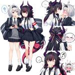  ... 2girls ? absurdres alternate_costume bag black_hair blue_eyes blush bow bread cellphone closed_eyes closed_mouth collared_shirt commentary confused couple dragon_girl dragon_horns dragon_tail female_esper_zero_(nte) flying_sweatdrops food food_in_mouth from_side full-face_blush full_body grey_hair hair_between_eyes hair_bow handbag head_tilt headband heart highres holding holding_another's_arm holding_phone horns layered_clothes leaning_forward leaning_to_the_side light_blush long_hair long_horns long_sleeves looking_at_another looking_at_viewer looking_down looking_to_the_side looking_up multicolored_hair multiple_girls musical_note necktie nervous_sweating neverness_to_everness nose_blush one_eye_closed phone school_uniform shinku_(nte) shirt short_hair skirt smartphone socks speech_bubble spoken_expression spoken_heart spoken_question_mark standing streaked_hair sushikun sweat sweatdrop tail thighs upper_body vest wavy_hair white_background white_socks wide-eyed yuri 