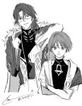  2boys arm_on_another's_head blunt_ends bodysuit cigarette coat cropped_legs cropped_torso crossed_arms gem genshin_impact glasses greyscale hair_intakes hand_up highres holding holding_cigarette innagaja japanese_clothes kimono long_sleeves looking_at_viewer male_focus medium_hair monochrome multiple_boys open_clothes open_coat open_kimono pantalone_(genshin_impact) parted_lips scaramouche_(genshin_impact) shirt short_sleeves shoulder_peek side_cape signature sketch stole tsurime turtleneck turtleneck_bodysuit turtleneck_shirt twitter_username undershirt v vision_(genshin_impact) wanderer_(genshin_impact) white_background wispy_bangs 