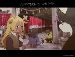  1other 3girls animal_ears antlers black_eyes black_hair blonde_hair brown_hair cat cat_ears catti_(deltarune) checkered_clothes checkered_vest commentary_request dated day deer_ears deer_girl deltarune english_text freckles furry furry_female hand_up highres horns komamama kris_(deltarune) letterboxed lizard_tail long_hair multicolored_hair multiple_girls noelle_holiday open_mouth outdoors photo_background pointing pointing_at_another rope shaded_face shimenawa short_hair signature smile squatting streaked_hair susie_(deltarune) tail torii utdr_(toby_fox) vest 