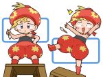  1girl ^^^ arms_up art_brush bare_shoulders blonde_hair blue_eyes boots commentary_request constricted_pupils final_fantasy final_fantasy_vi flat_chest full_body hand_on_own_hip hat highres holding holding_paintbrush jewelry kuto_tubuyaki looking_at_viewer necklace open_mouth outstretched_arms paintbrush pants red_boots relm_arrowny shirt short_hair standing strapless strapless_shirt surprised sweat 