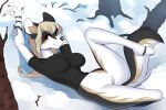  3:2 amberpendant anthro biped black_body black_clothing black_fur black_shirt black_topwear blonde_hair blue_eyes bottomless breasts canid canine clothed clothing digital_media_(artwork) eyebrows female fur genitals hair hi_res hindpaw inner_ear_fluff looking_at_viewer lying mammal on_back outside paws plant pussy red_eyes shaded shirt shirt_only snow solo tail tan_body tan_fur tan_inner_ear_fluff topwear topwear_only tree tuft white_body white_fur 