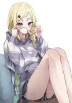  1girl absurdres aizawa_ema aizawa_ema_(4th_costume) aqua_hair bare_legs black_shorts blonde_hair blue_eyes blush braid cat_hair_ornament closed_mouth commentary_request dolphin_shorts glasses gradient_hair hair_flaps hair_ornament highres holding holding_removed_eyewear hood hoodie knees_up long_hair looking_at_viewer multicolored_hair round_eyewear sakahana shorts sitting solo striped_clothes striped_hoodie twin_braids unworn_eyewear very_long_hair virtual_youtuber vspo! 
