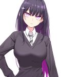  1girl bangs black_hair black_sweater blunt_bangs breasts collared_shirt commentary gradient_hair hand_on_hip head_tilt highres ichiki_1 large_breasts long_hair long_sleeves looking_at_viewer multicolored_hair multicolored_necktie necktie original purple_eyes purple_hair school_uniform shirt sidelocks simple_background solo sweater uniform upper_body white_background white_necktie white_shirt 