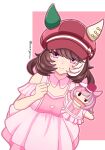  1girl absurdres animal_ears bare_shoulders blush breasts brown_hair closed_mouth clothing_cutout commentary_request ear_covers ears_through_headwear hair_between_eyes hand_puppet hat highres horse_ears horse_girl large_breasts layered_skirt looking_at_viewer marche_lorraine_(umamusume) meni_shuki_rush-sshu! mismatched_ear_covers pink_shirt pink_skirt puppet purple_eyes shirt short_hair shoulder_cutout skirt smile umageemu umamusume 