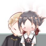  1boy 1girl black_eyes black_jacket black_vest blonde_hair blush blush_stickers bow brown_hair chibi chinese_commentary closed_eyes collared_jacket collared_shirt commentary_request downturned_eyes flustered gakuran hair_bow head_on_another's_shoulder head_steam hetero interruption_(echo-023) jacket kaguya-sama_wa_kokurasetai_~tensai-tachi_no_renai_zunousen~ leaning_on_person long_sleeves neck_ribbon nervous_sweating no_mouth on_bench red_bow red_ribbon ribbon school_uniform shinomiya_kaguya shirogane_miyuki shirt short_hair short_side_ponytail side_ponytail sitting sleeping solid_oval_eyes sweat upper_body vest white_background white_shirt 