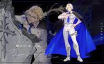  >:) +_+ 1boy absurdres ahoge aiguillette black_background black_cape blue_cape blue_eyes blue_necktie blue_ribbon boots buttons call_of_cthulhu cape character_name closed_mouth copyright_name curtained_hair double-breasted full_body gihuta_hiroshi godarca grin hair_between_eyes hair_over_shoulder hair_ribbon hand_on_own_chest hand_on_own_hip highres holding holding_shield jacket long_hair long_sleeves looking_ahead looking_at_viewer low_side_ponytail muscular muscular_male necktie pants pants_tucked_in pectorals pouch projected_inset ribbon shield side_cape side_ponytail smile solo standing thigh_pouch three-quarter_sleeves two-sided_cape two-sided_fabric v-shaped_eyebrows white_boots white_jacket white_pants 