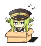  1girl alina_gray animal_ears black_headwear black_vest blush box cardboard_box cat_ears cat_tail chibi closed_mouth green_hair hat in_box in_container kemonomimi_mode long_hair magia_record:_mahou_shoujo_madoka_magica_gaiden magical_girl mahou_shoujo_madoka_magica musical_note peaked_cap puffy_short_sleeves puffy_sleeves short_sleeves simple_background smile solo sparkling_eyes tail teen_(teen629) vest white_background 
