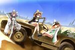  1other 3girls ahoge animal_ears animal_hood aoi_wakashi_chiyo arknights blue_eyes blue_sky breasts brown_hair cat_ears cat_hood cat_tail commentary_request crossed_legs day desert ears_through_headwear goggles goggles_on_head green_eyes grey_hair highres hood hood_up jacket long_hair long_sleeves looking_at_viewer military_jeep motor_vehicle multiple_girls open_clothes open_jacket orange_hair outdoors papyrus_(arknights) pepe_(arknights) questioning_statue_(arknights) sand sandals short_hair shorts sitting sky standing steering_wheel tail thighhighs titi_(arknights) yellow_eyes 