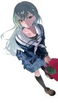  1girl absurdres bang_dream! bang_dream!_it's_mygo!!!!! blue_serafuku blue_shirt blue_skirt bucket commentary_request cucumber full_body green_hair grey_neckerchief highres holding holding_bucket long_hair long_sleeves looking_at_viewer neckerchief parted_lips peke_(pekeiscat) pleated_skirt sailor_collar school_uniform serafuku shirt sidelocks simple_background skirt solo sweatdrop tsukinomori_school_uniform wakaba_mutsumi white_background white_sailor_collar winter_uniform 