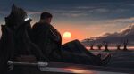  1boy aki_(akistrike) armor berserk berserker_armor black_armor cloud cloudy_sky dragonslayer_(sword) greatsword guts_(berserk) hair_slicked_back huge_weapon male_focus outdoors sky solo spiked_hair sunset sword weapon 