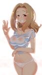  1girl blonde_hair blush breasts check_commentary cleavage collarbone commentary commentary_request covered_nipples crop_top highres idolmaster idolmaster_cinderella_girls kurushima_gire looking_at_viewer manabe_itsuki medium_breasts midriff navel panties pink_eyes shirt short_sleeves simple_background smile sweat sweaty_clothes t-shirt transparent_background underwear waving wet white_shirt wide_hips 