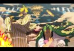  1girl 2boys blonde_hair child chonmage cigarette clenched_teeth closed_mouth commentary_request curly_eyebrows earrings facial_hair fire green_hair highres japanese_clothes jewelry kimono leg_hair letterboxed multiple_boys mustache one_eye_closed one_piece outdoors pink_hair red_kimono roronoa_zoro sanji_(one_piece) shi_camellia8 signature smoke striped_clothes striped_kimono teeth toko_(one_piece) topknot vertical-striped_clothes vertical-striped_kimono 