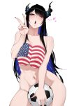  1girl absurdres american_flag american_flag_print asymmetrical_horns ball black_hair black_horns black_nails blush bodypaint breasts collarbone colored_inner_hair commentary completely_nude english_commentary fingernails flag_print groin highres holding holding_ball hololive hololive_english horns huge_breasts long_hair looking_at_viewer mole mole_under_eye multicolored_hair myth1carts nail_polish navel nerissa_ravencroft nipples nude open_mouth pink_eyes purple_hair simple_background soccer_ball solo stomach thighs two-tone_hair uneven_horns v virtual_youtuber white_background 