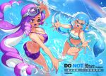  2girls arm_up artist_name ass barefoot beach bikini blue_bikini blue_eyes blue_hair blue_tongue breasts butt_crack cleavage collarbone colored_extremities colored_tongue commentary day dinosaur_hair_ornament english_commentary fangs goggles goggles_on_head inkling inkling_girl inkling_player_character jinkoika large_breasts long_hair looking_at_another mole mole_under_mouth multiple_girls navel ocean octoling octoling_girl octoling_player_character one_eye_closed open_mouth outdoors outstretched_arms purple_bikini purple_eyes purple_hair purple_tongue rainbow ruffle_bikini sand splashing splatoon_(series) standing standing_on_one_leg stomach swimsuit tentacle_hair thighs twitter_username very_long_hair wading water water_drop watermark 