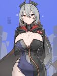  1girl artist_name azz0422 black_dress blue_dress blue_eyes breasts cleavage closed_mouth commentary dress earrings eldreda_sunbringer grey_hair hair_between_eyes heterochromia highres jewelry large_breasts long_hair looking_at_viewer orange_eyes qr_code solo thighs two-tone_dress zenless_zone_zero 
