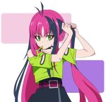 1girl antenna_hair belt black_choker black_hair black_skirt choker commentary_request green_eyes green_shirt hair_tie_in_mouth long_hair mouth_hold multicolored_hair nail_polish ngt7sn off-shoulder_shirt off_shoulder pink_belt pink_hair red_nails shadowverse shadowverse_(animated_series) shadowverse_flame shirt sinclair_hina_(shadowverse_flame) skirt solo tying_hair very_long_hair 