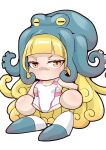  1girl animal_on_head blonde_hair blue_shoes chibi commentary_request commission competition_swimsuit curly_hair freckles hand_on_own_hip highres jikkyou_powerful_pro_yakyuu jikkyou_powerful_pro_yakyuu_(style) long_hair momohara_rile multicolored_shoes no_mouth octavia_(pawapro) on_head one-piece_swimsuit pixiv_commission power_pro_appli rayman_limbs shoes solo swimsuit two-tone_shoes very_long_hair white_background white_one-piece_swimsuit white_shoes yellow_eyes 