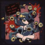  1girl 3d alleesaur animated animated_gif bare_shoulders black_eyes black_hair cat colored_sclera english_text hair_between_eyes hand_on_own_arm larva leech long_hair looking_at_viewer monster_girl original smile solo speech_bubble yellow_sclera 