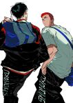  2boys atie1225 bag black_eyes black_hair black_jacket black_pants blue_bag buzz_cut commentary hand_in_pocket highres holding holding_bag jacket looking_at_another male_focus multiple_boys open_mouth pants rukawa_kaede sakuragi_hanamichi shirt short_hair simple_background slam_dunk_(series) symbol-only_commentary v-shaped_eyebrows very_short_hair white_background white_shirt 