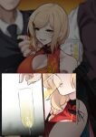  1girl 2boys absurdres alcohol black_gloves black_panties blonde_hair blurry blurry_background blush braid breasts china_dress chinese_clothes cleavage_cutout clothing_cutout commentary cowboy_shot cup dress drinking_glass english_commentary gloves green_eyes hair_ornament hairclip highres holding holding_cup k0ng large_breasts long_hair lower_teeth_only merc-san_(k0ng) multiple_boys open_mouth original panties red_dress side-tie_panties sleeveless sleeveless_dress solo_focus teeth thighhighs underwear wine_glass 