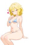  1girl adversarial_noise aged_up arm_support bare_shoulders bikini blonde_hair blue_bikini blush breasts closed_mouth collarbone commentary_request finger_to_own_chin green_eyes half-closed_eyes hand_up heart highres hitorilily idolmaster idolmaster_cinderella_girls invisible_chair looking_at_viewer micro_bikini sakurai_momoka seductive_smile short_hair sideboob simple_background sitting skindentation small_breasts smile solo swimsuit underboob wavy_hair white_background 