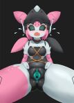  1girl @_@ absurdres anus aria_(robot)_(zenless_zone_zero) aria_(zenless_zone_zero) black_background black_sclera blush breasts chouchoubao62 colored_anus colored_pussy colored_sclera commentary_request green_eyes highres humanoid_robot joints looking_at_viewer navel open_mouth pink_hair pussy robot robot_girl robot_joints simple_background sitting small_breasts solo spread_legs spread_pussy thighs zenless_zone_zero 