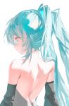  1girl absurdres aqua_eyes aqua_hair blue_eyes commentary from_behind hatsune_miku highres long_hair looking_to_the_side median_furrow minyami_(hia8038) parted_lips simple_background solo twintails upper_body vocaloid white_background 