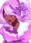 1girl blue_gem blush bow collarbone commentary_request dark-skinned_female dark_skin dress eyelashes gem gloves godouyu_(neisukun) hat highres jacinthe_(pokemon) long_hair long_sleeves lower_teeth_only open_mouth pink_bow pink_dress pink_eyes pink_gloves pink_hair pink_hat pokemon pokemon_legends:_z-a simple_background smile solo teeth tongue white_background yellow_bow 