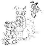  3girls animal_ears carrying carrying_person chamaji chen detached_arm fox_ears fox_tail highres kneeling monochrome multiple_girls playboy_bunny portal_(object) rabbit_ears tail touhou yakumo_ran yakumo_yukari 