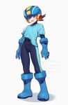  1boy :d arms_at_sides blue_bodysuit blue_boots blue_helmet blue_shirt bodysuit bodysuit_under_clothes boots brown_hair commentary_request covered_navel full_body green_eyes happy helmet highres light_blush looking_at_viewer male_focus mega_man_(series) mega_man_battle_network_(series) megaman.exe netnavi open_mouth shirt short_hair short_sleeves smile solo spiked_hair standing t-shirt teeth twitter_username upper_teeth_only watermark white_background zero-go 