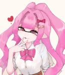  1girl borrowed_character bow breasts commentary_request hair_bow hair_ornament hairclip heart inkling inkling_girl inkling_player_character inward_v jjjj27up long_hair looking_at_viewer medium_breasts pink_bow pink_eyes pink_hair pointy_ears red_bow shirt sleeves_rolled_up solo splatoon_(series) tentacle_hair tongue tongue_out upper_body v v_over_head very_long_hair white_background white_shirt 