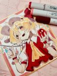  1girl apple art_tools_in_frame ascot blonde_hair blush collared_shirt commentary crystal crystal_wings flandre_scarlet food frilled_wrist_cuffs frills fruit hat hat_ribbon highres holding holding_food holding_fruit looking_at_viewer mob_cap multicolored_wings neruko_(piano00324) one_side_up open_mouth photo_(medium) puffy_short_sleeves puffy_sleeves red_eyes red_vest red_wrist_cuffs ribbon shikishi shirt short_sleeves smile solo touhou traditional_media upper_body vest white_hat white_shirt wings wrist_cuffs yellow_ascot 
