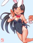  1girl animal_ears black_hair black_leotard blue_background blush bow bowtie breasts brown_eyes carrot covered_navel detached_collar fake_animal_ears gradient_background i-400_(kancolle) kanon_(kurogane_knights) kantai_collection leotard long_hair one-hour_drawing_challenge one_eye_closed open_mouth playboy_bunny rabbit_ears rabbit_tail side-tie_leotard small_breasts solo strapless strapless_leotard tail traditional_bowtie wrist_cuffs 