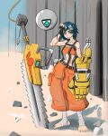  1girl aqua_eyes aqua_hair arm_freckles barefoot body_freckles brown_gloves cargo_pants chainsword commentary english_commentary feet fingerless_gloves freckles gauntlets gloves highres jumpsuit motorslice multiple_moles orbie p_(motorslice) pants short_hair single_fingerless_glove single_gauntlet sword toes tomboy weapon wild_silver7 