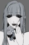  1girl black_lips blyssade grey_hair highres hime_cut long_hair mature_female original seductive_smile smile smug solo_focus thick_eyelashes 