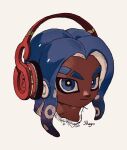  1boy artist_name blue_eyes blue_hair bright_pupils closed_mouth collarbone commentary dark-skinned_male dark_skin eyebrow_cut headphones highres looking_at_viewer male_focus octoling octoling_boy portrait shogo_(shogo70449442) short_hair sidelocks signature simple_background solo splatoon_(series) split_mouth suction_cups tentacle_hair tentacles white_background white_pupils 