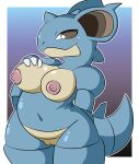  absurd_res anthro areola blue_body blush breasts brown_eyes dreameclipsewolf female generation_1_pokemon genitals hand_on_breast hi_res looking_at_viewer nidoqueen nintendo nipples pokemon pokemon_(species) pokemorph pussy solo thick_thighs yellow_body 