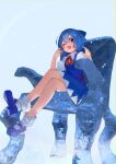  1girl :d ;d blue_bow blue_dress blue_eyes blue_hair blue_shoes blush bow chair cirno collared_shirt commentary crossed_legs dress full_body hair_behind_ear hair_bow hands_up highres looking_at_viewer mary_janes missing_wings on_chair one_eye_closed open_mouth pikumin pinafore_dress puffy_short_sleeves puffy_sleeves shirt shoes short_hair short_sleeves sitting sleeveless sleeveless_dress smile snowing socks solo teeth touhou upper_teeth_only white_shirt white_socks 