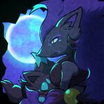  1other animal_ears aqua_eyes backlighting big_hair black_fur blue_sky body_fur closed_eyes closed_mouth commentary_request expressionless eyeshadow from_side full_moon furry grey_fur hair_ornament holding holding_pokemon long_hair makeup moon neck_fur night other_focus outdoors partial_commentary pokemon pokemon_(creature) profile purple_eyeshadow purple_hair s_(esumi_kihomaru) sky sleeping snout sphere_hair_ornament two-tone_fur u_u upper_body wolf_ears zoroark zorua 