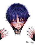  1boy :p artist_name bishounen black_bodysuit blue_eyes blunt_ends blush bodysuit commentary covered_collarbone cunnilingus english_commentary eyelashes fingernails genshin_impact gold_ring hair_intakes head_between_thighs hetero highres instagram_logo lipstick_mark lipstick_mark_on_face logo_request looking_at_viewer male_focus meme middle_ring negative_space negative_space_oral_(meme) normnnna open_hands oral parted_bangs pov purple_nails saliva scaramouche_(genshin_impact) silhouette solo sparkling_eyes straight-on tongue tongue_out tsurime twitter_logo variant_set wanderer_(genshin_impact) white_background wispy_bangs 