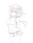  1girl amyi arms_behind_back belt blush bob_cut breasts commentary_request cowboy_shot hair_between_eyes hat highres koucha_rakkyo large_breasts lineart looking_at_viewer monochrome ribbon sabrina_to_muryoku_na_tamashii short_shorts shorts sidelocks simple_background sleeveless sleeveless_sweater solo standing sweater thighs turtleneck turtleneck_sweater 