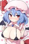  1girl :/ bangs bat_wings bikini black_bikini blue_hair blush breasts brooch cleavage clothes_lift frilled_shirt_collar frills hair_between_eyes hands_up hat heart heart_background highres jewelry large_breasts lifted_by_self medium_hair mob_cap red_eyes remilia_scarlet ribbon rizento shirt_lift simple_background solo sweat swimsuit touhou upper_body white_background wings wrist_cuffs 