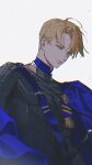  1boy armor bangs black_armor blonde_hair blue_cape cape closed_mouth commentary dimitri_alexandre_blaiddyd expressionless fire_emblem fire_emblem:_three_houses garreg_mach_monastery_uniform grey_background grey_eyes hair_between_eyes high_collar highres kazari_tayu looking_down male_focus military military_uniform parted_bangs short_hair shoulder_belt solo uniform upper_body 