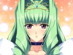  1girl blue_choker blush choker collarbone drill_hair game_asset gold_tiara green_choker green_hair hair_intakes himekishi_olivia inoino long_hair looking_at_viewer non-web_source official_art olivia_lindegald orange_background parted_lips portrait purple_eyes self-datamine solo sparkle sparkle_background tiara variant_set visual_novel_cg 