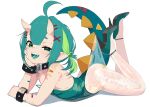  1girl ahoge center-flap_bangs chio_chompi colored_tongue commentary dinosaur_girl dinosaur_horns dinosaur_tail english_commentary fang flat_chest green_hair green_leotard green_tongue high_heels highres horns indie_virtual_youtuber lace_pantyhose_hooked_on_heel_(meme) leotard looking_at_viewer lying meme on_stomach open_mouth pantyhose playboy_bunny pointy_ears saga_inu scared sharp_teeth short_hair skin-covered_horns skin_fang skirt smug solo strapless strapless_leotard tail teeth 