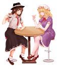  2girls absurdres bar_stool black_headwear black_skirt blonde_hair bow brown_eyes brown_footwear brown_hair coffee collared_shirt cup dress fedora frilled_dress frilled_skirt frills full_body grin hat hat_bow highres holding holding_cup kuya_(hey36253625) long_skirt maribel_hearn medium_hair mob_cap multiple_girls necktie parted_lips puffy_sleeves purple_dress red_bow red_footwear red_necktie ribbon-trimmed_skirt ribbon_trim shirt short_sleeves simple_background single_sidelock sitting skirt smile stool table touhou usami_renko white_background white_headwear white_shirt wooden_table yellow_eyes 