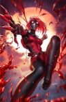  1girl asema belt blood bodysuit breasts clawed_gauntlets clenched_hand comic_cover commentary cover cover_page dc_comics derrick_chew english_commentary gauntlets highres mask medium_breasts medium_hair red_hair signature single_gauntlet solo taut_clothes textless_cover_page textless_version 